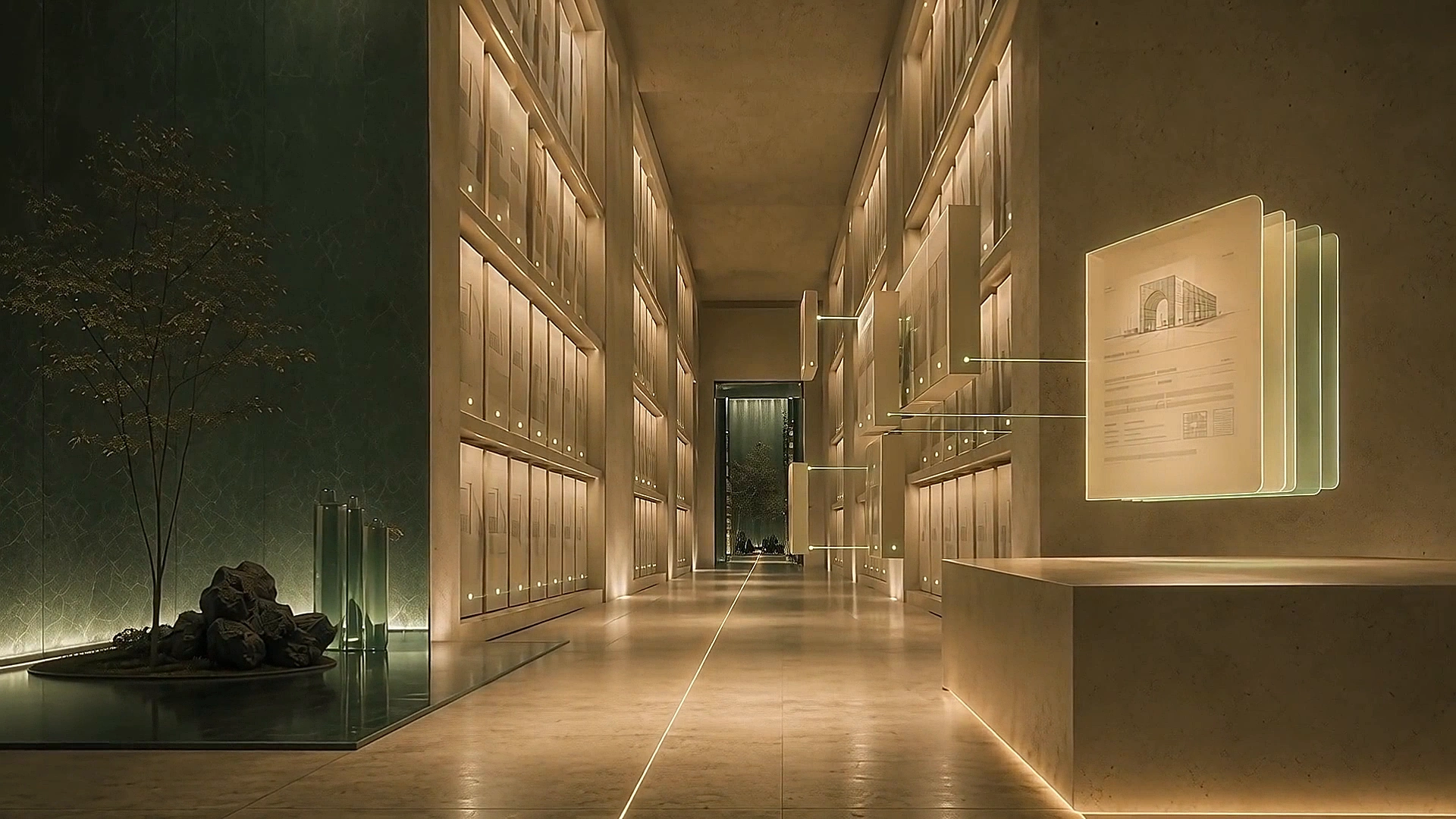 Un archivio monumentale di volumi avorio; alcuni si collegano al dossier con sottili linee luminose.
